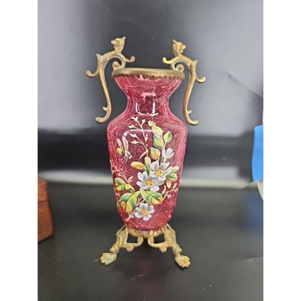Vase 7.5" 19th Cent Antique Moser Bohemian Cranberry Crackle Glass Enameled 🐝